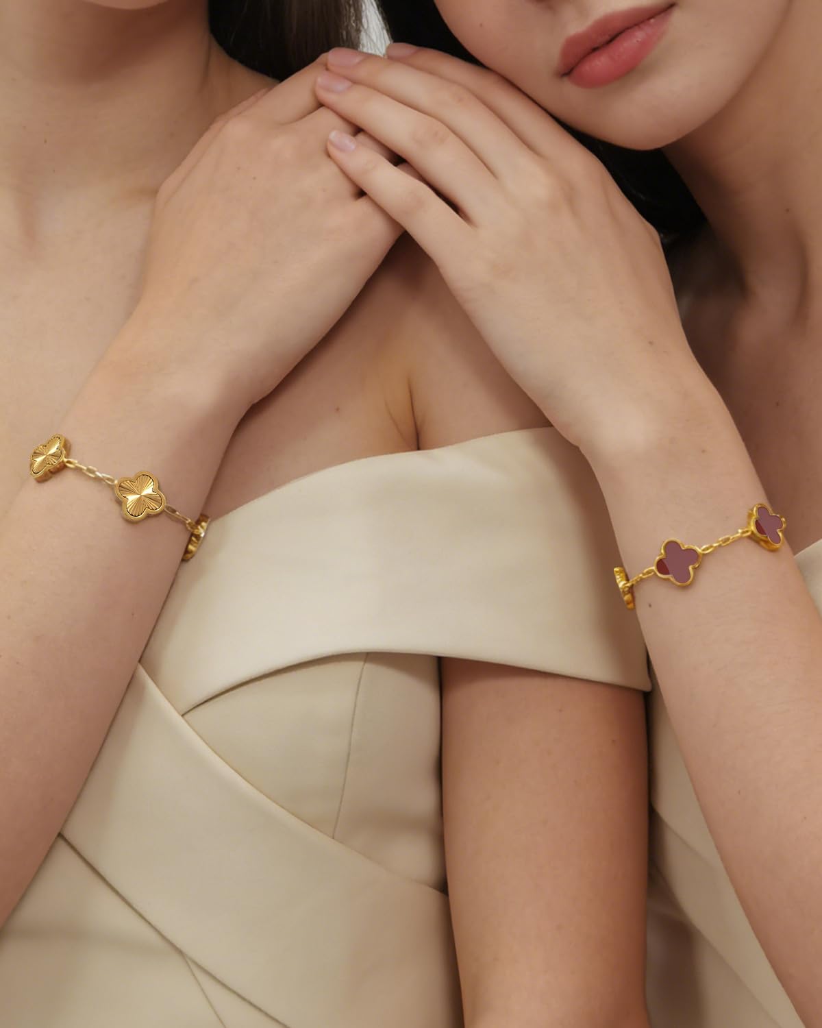 Aimétte Monette 18K Gold Bracelets for Women Non Tarnish Four Leaf Clover Bracelet Gold Jewelry Set for Women Trendy