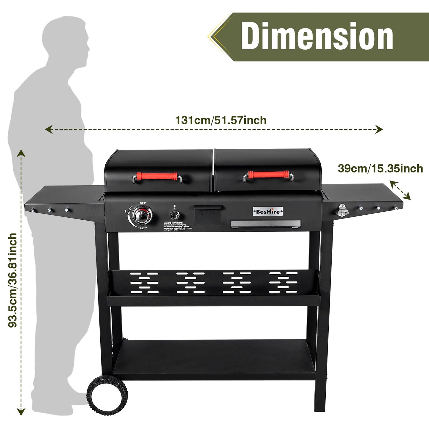 Propane Gas Griddle Charcoal Grill Combo Flat Top Griddle W/Dual Lids & 2 Side Shelves Dual Fuel BBQ Grill for Outdoor Barbecue