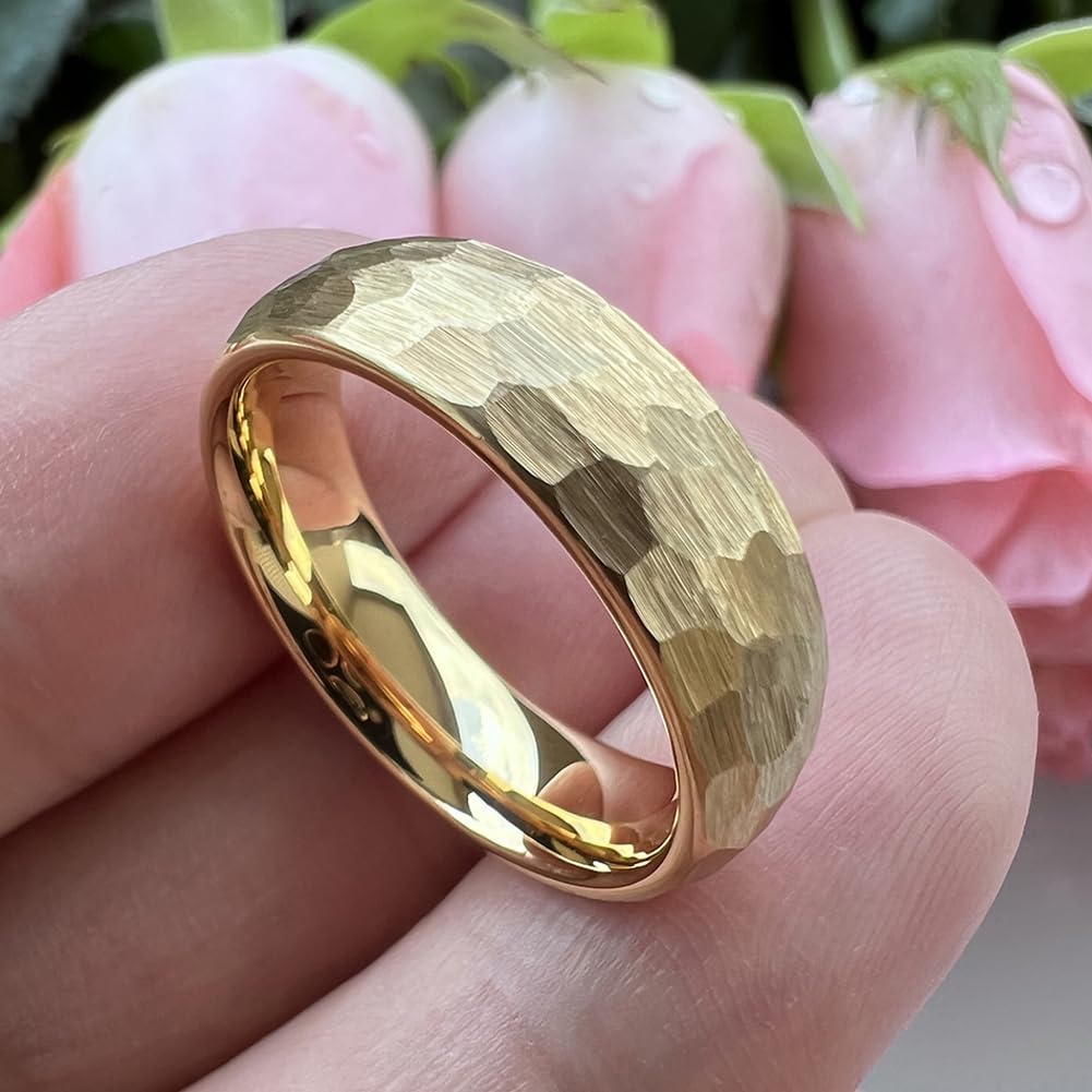 TUTISS 6mm Gold Hammered Tungsten Rings for Men Women Engagement Wedding Bands Domed Matte Finish Comfort Fit Size 9.5