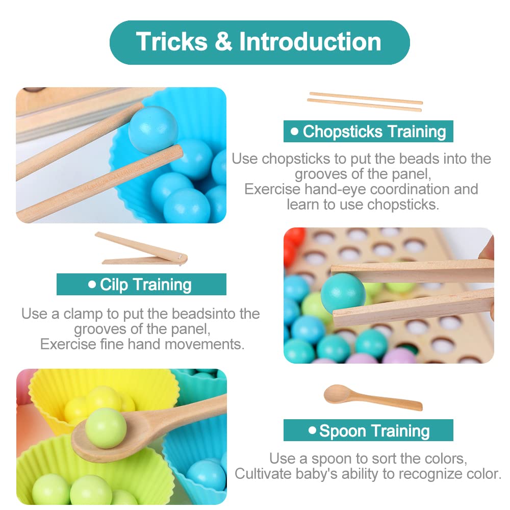 XISTEST Kids Wooden Toy, Children's Toys for 3 Years Old, Montessori Board, Fine Motor Early Education Color Recognition Chopsticks Clip Beads Hands Brain Training