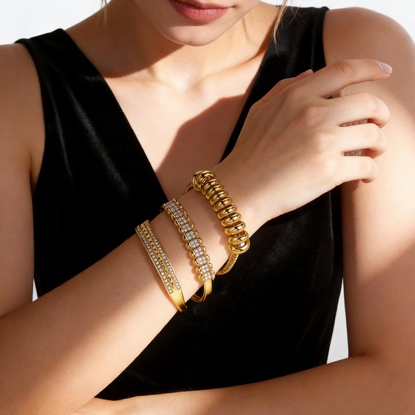 hotoo Gold Stackable Bangle Bracelets For Women 18K Gold Plated Beads Chain Bracelets Stainless Steel Bangle Bracelets Set Cubic Zirconia For Birthday Christmas Trendy Jewelry Gifts,3PCS