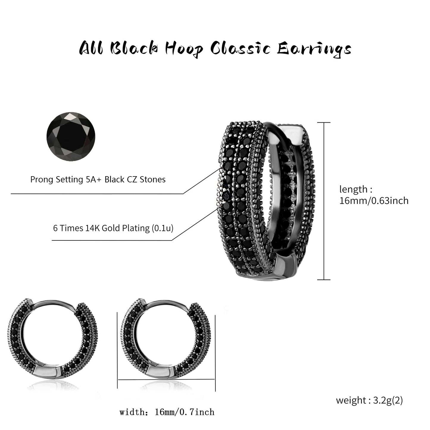 TOPGRILLZ Iced Out Hoop Earrings Cubic Zirconia Huggie Cartilage Cuff Hypoallergenic 14K Gold Plated Luxury Fashion Round Circle Earrings For Men Women-05Black