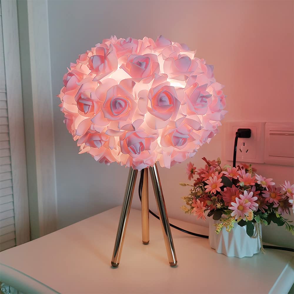 ZYLEISENBAO Pink Rose Flower Lamp Cute Table Lamp Modern Bedside Lamp Romantic Nighstand Light for Girl Princess Gold Tripod for Bedroom Living Room Entry Office Wedding Decoration Gift