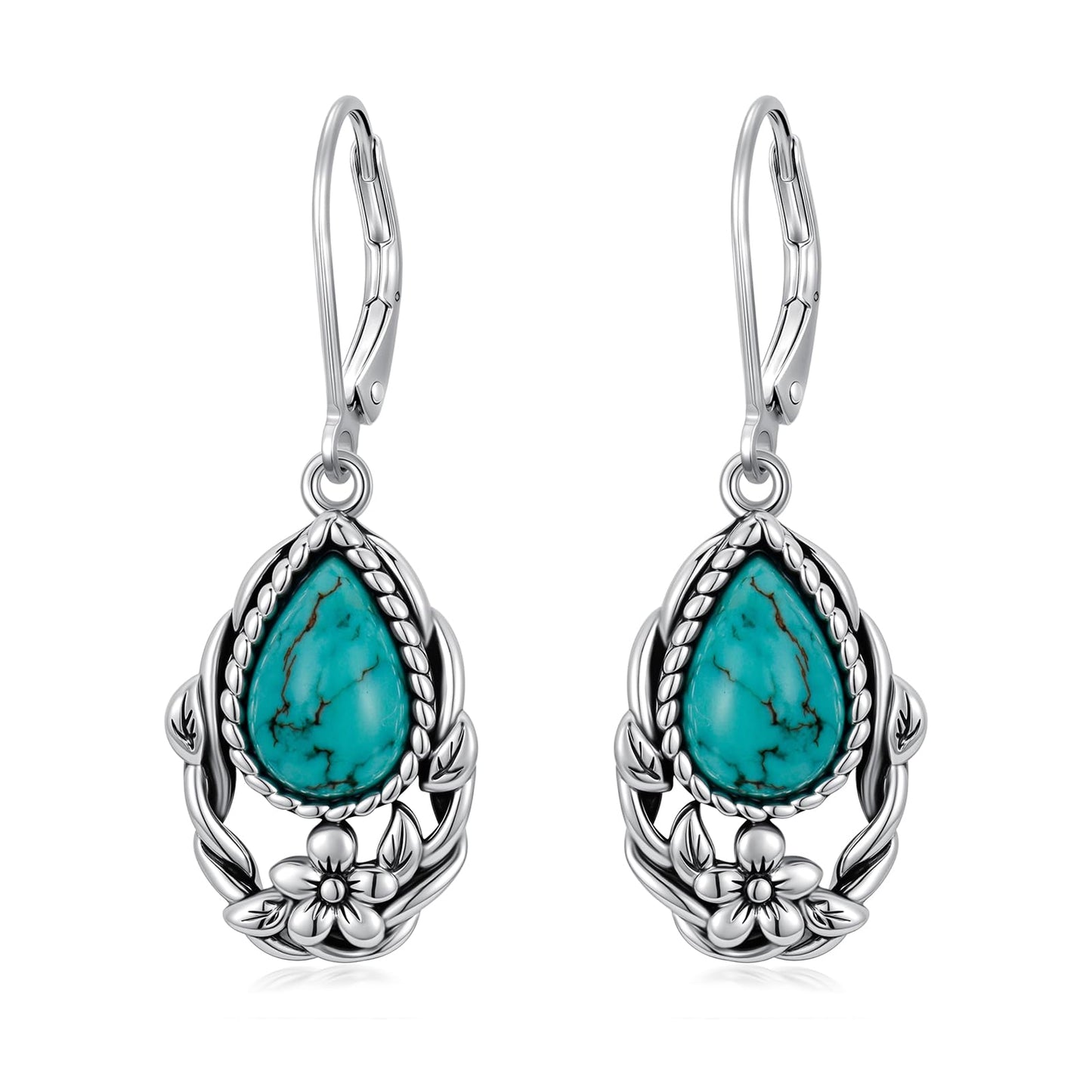 Eetaitai Natural Turquoise Flower Earrings for Women 925 Sterling Silver Teardrop Leverback Dangle Earrings Western Vintage Boho Jewelry Mothers Day Gifts for Mom Wife Sister