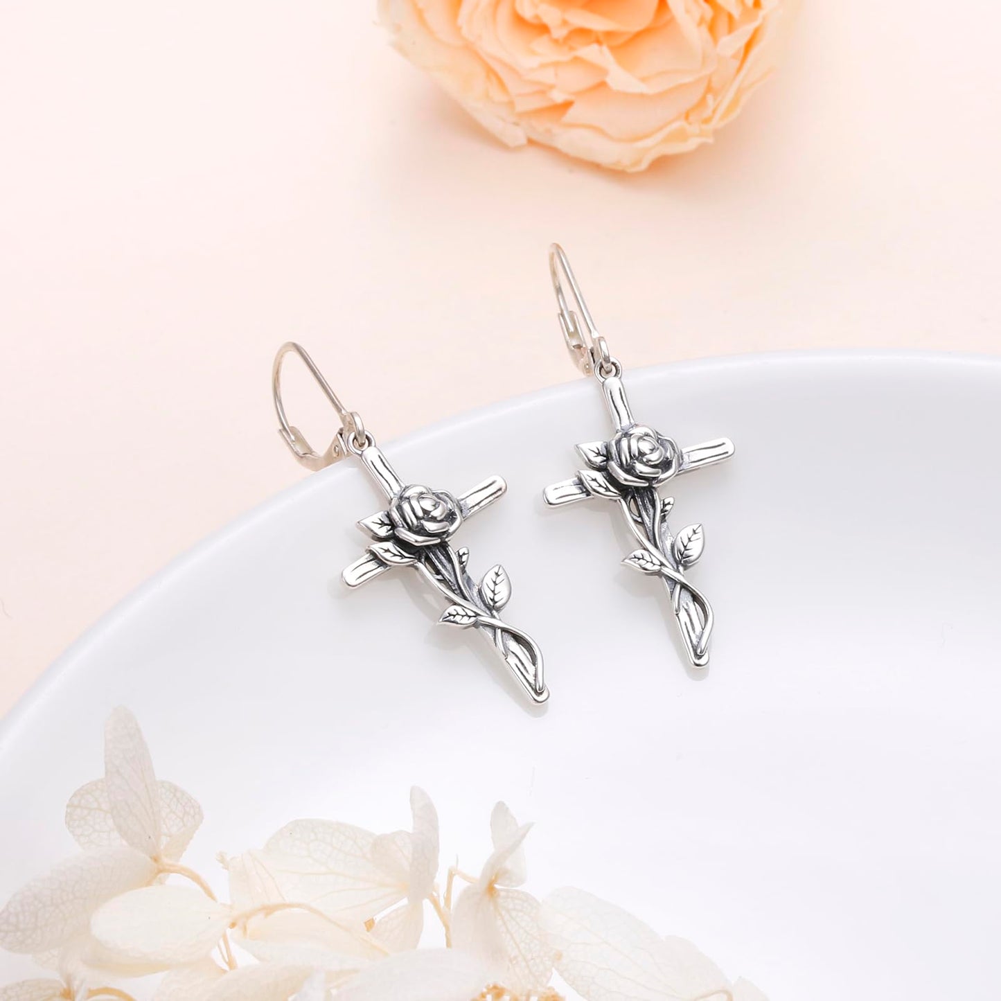 SHAOAN Rose Flower Cross Dangle Earrings for Women 925 Sterling Silver Earring Jewelry Gifts for Christmas Valentine's Day Birthday