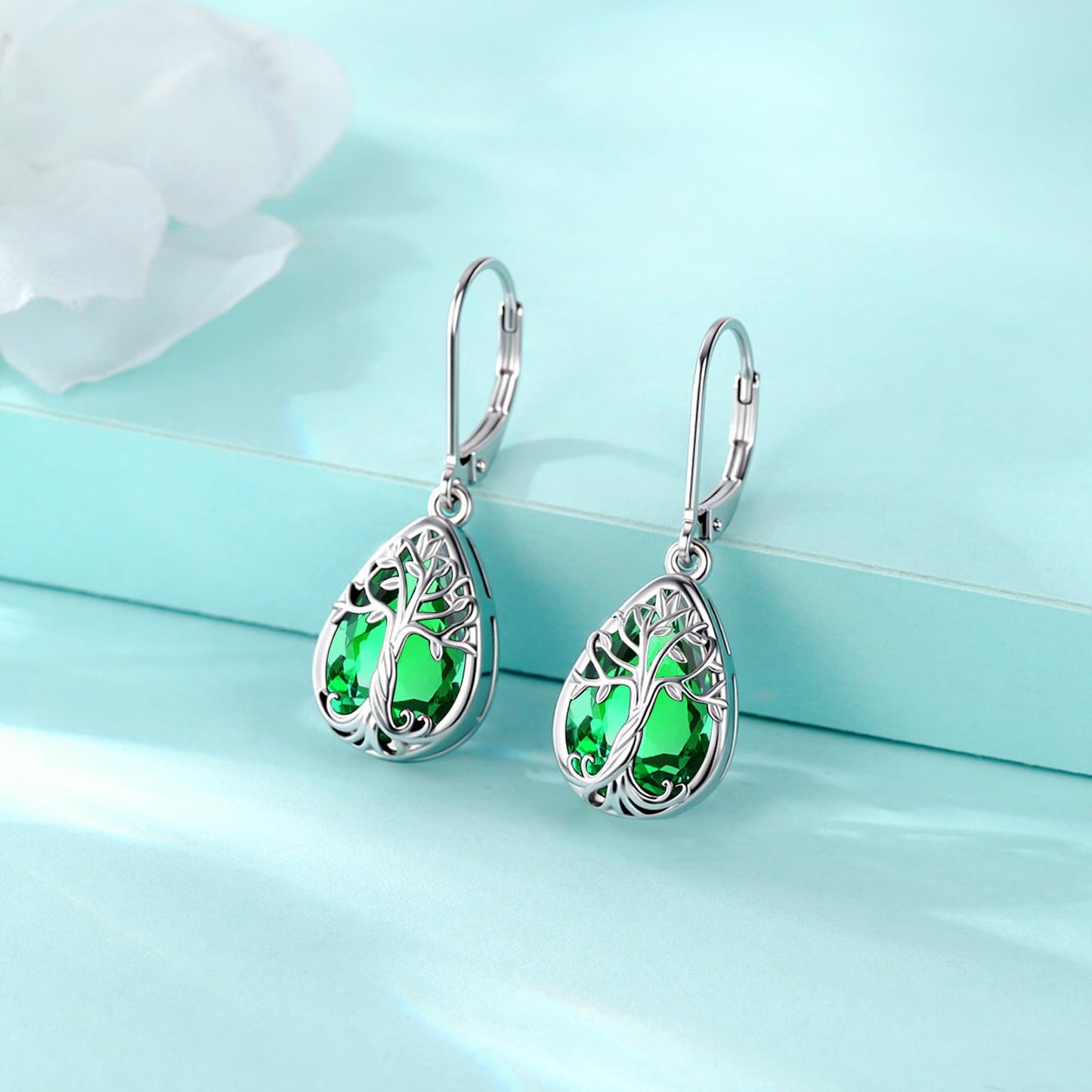Eusense Tree of Life Earrings 925 Sterling Silver Dangle with May Birthstone Emerald Earring for Women Teardrop Leverback Sterling Silver Birthstone Jewelry Gift