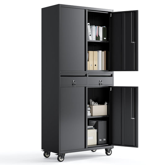 GarveeTech 73 in Metal Storage Cabinet w/Locking Doors | Adjustable Shelves + 2 Drawers | Robust Utility Storage for Garage Organization-Dark Black with Casters