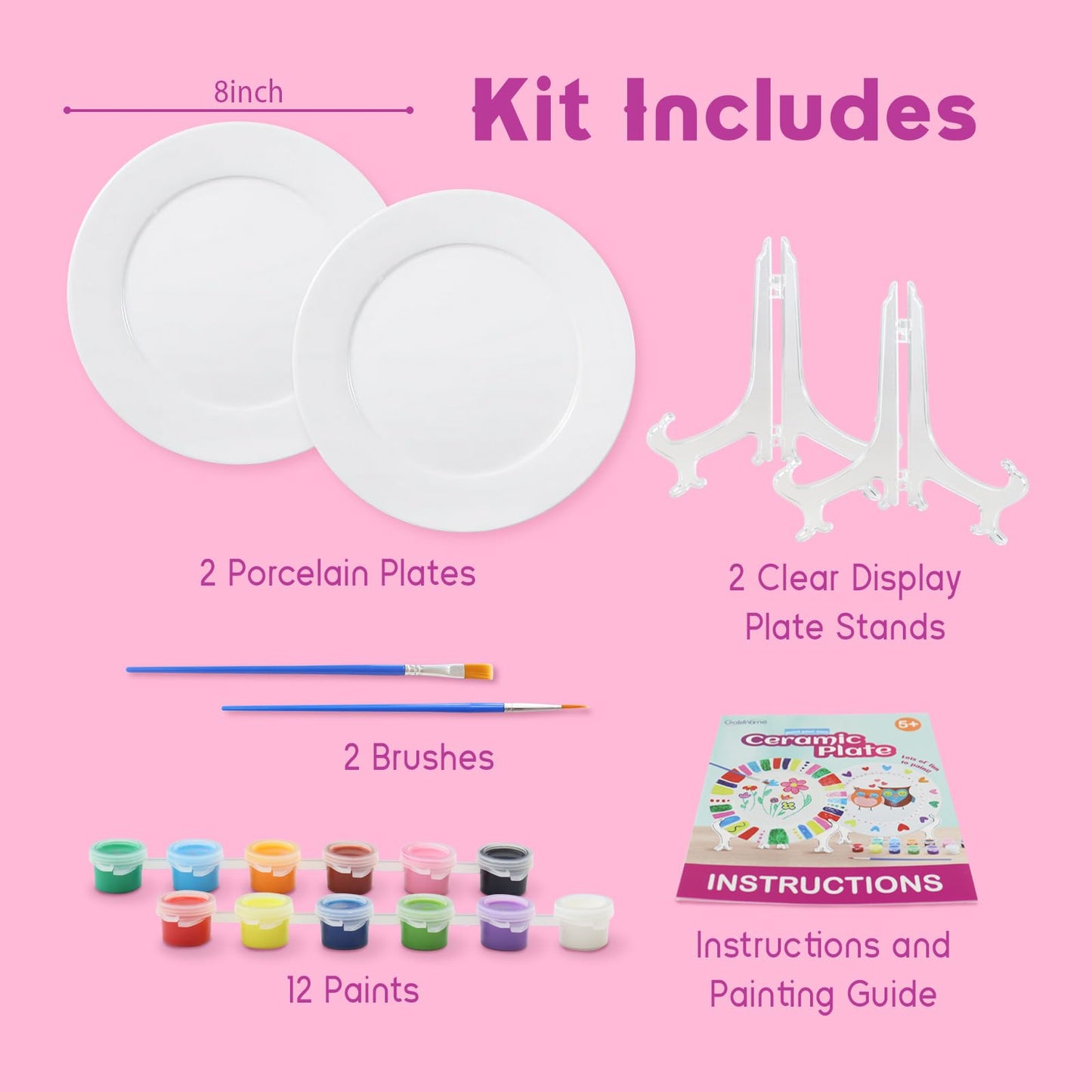 goldentime Ceramic Plate Painting kit for Kids and Adults Including 2 Ceramic Plates to Paint, with 12 Paints, 2 Brushes and 2 Stands - Perfect as DIY Home décor or Gifts for Bithday Christmas