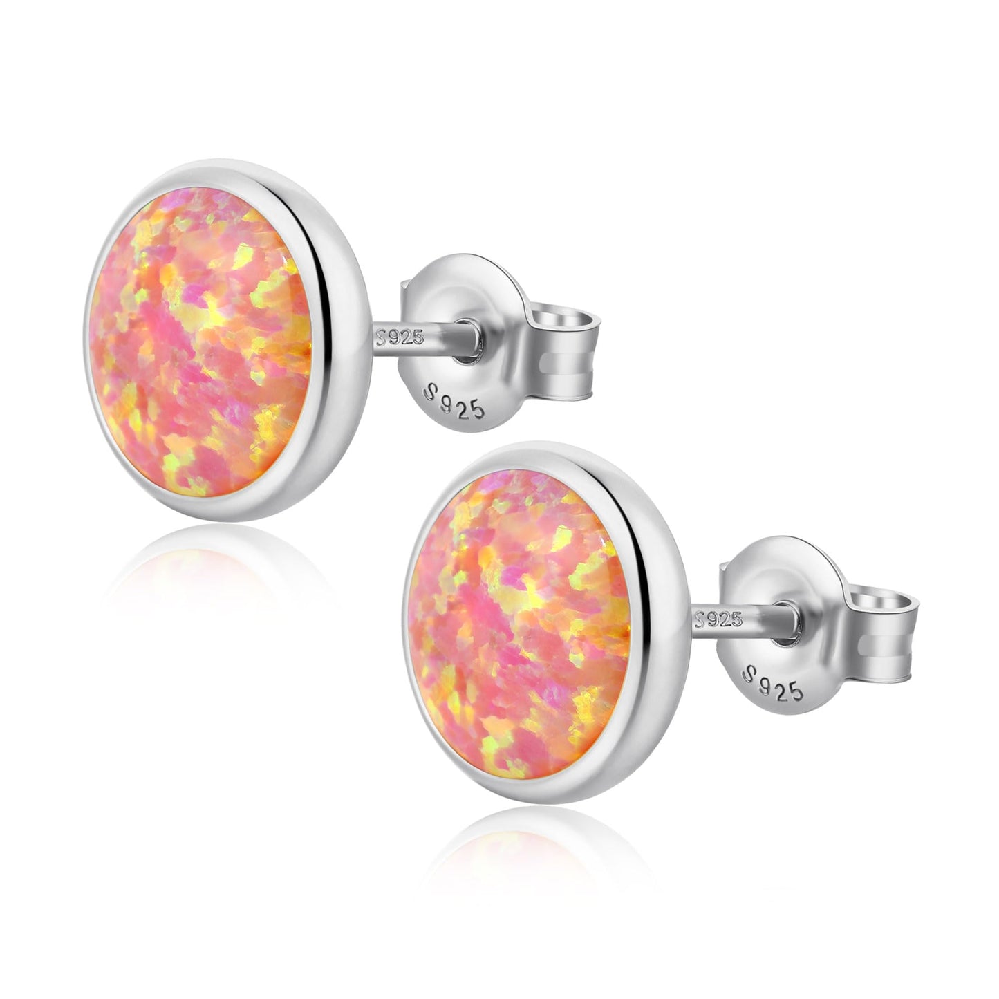 JiayangJY Silver Red Fire Opal Stud Earrings for Women Sterling Silver Round Shape 8mm Opal Earrings with Push Back