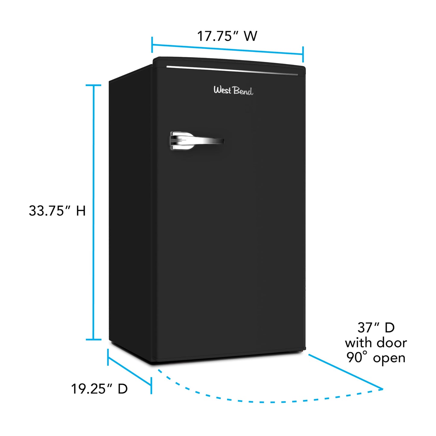 West Bend Mini Fridge for Bedroom, Office, Bar or College Dorm Room, Retro Compact Refrigerator features single door, removable glass shelves and adjustable temperature control, 3.0-Cu.Ft., Black