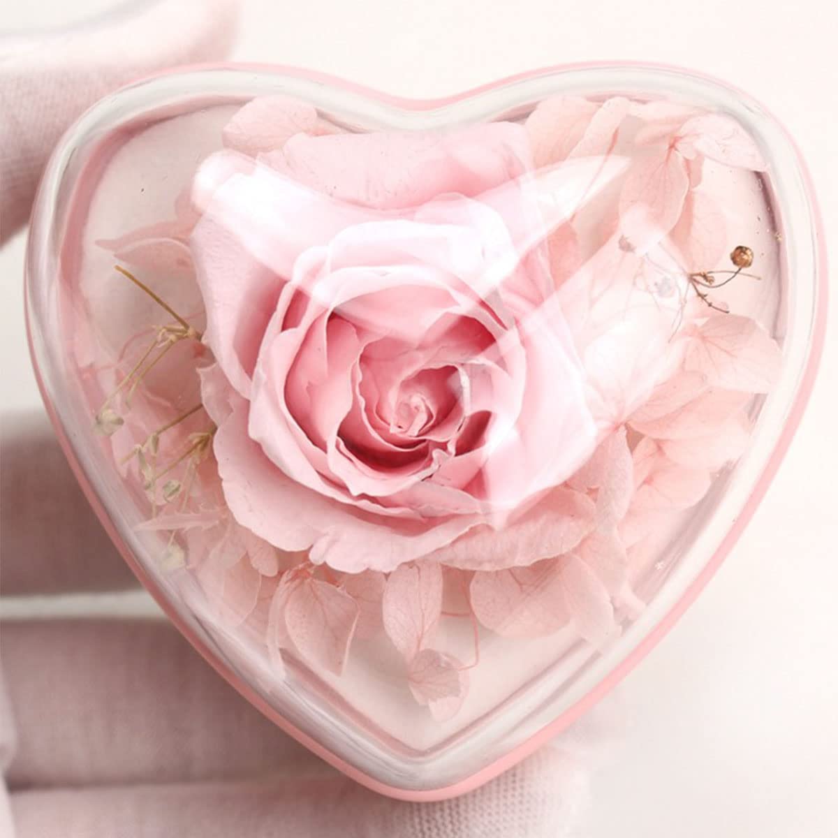 Hsiwto Preserved Flower Rose Ring Box, Heart Shape Velvet Jewelry Box for Valentine's Day Mother's Day Wedding Anniversary Birthday Gift, Pink