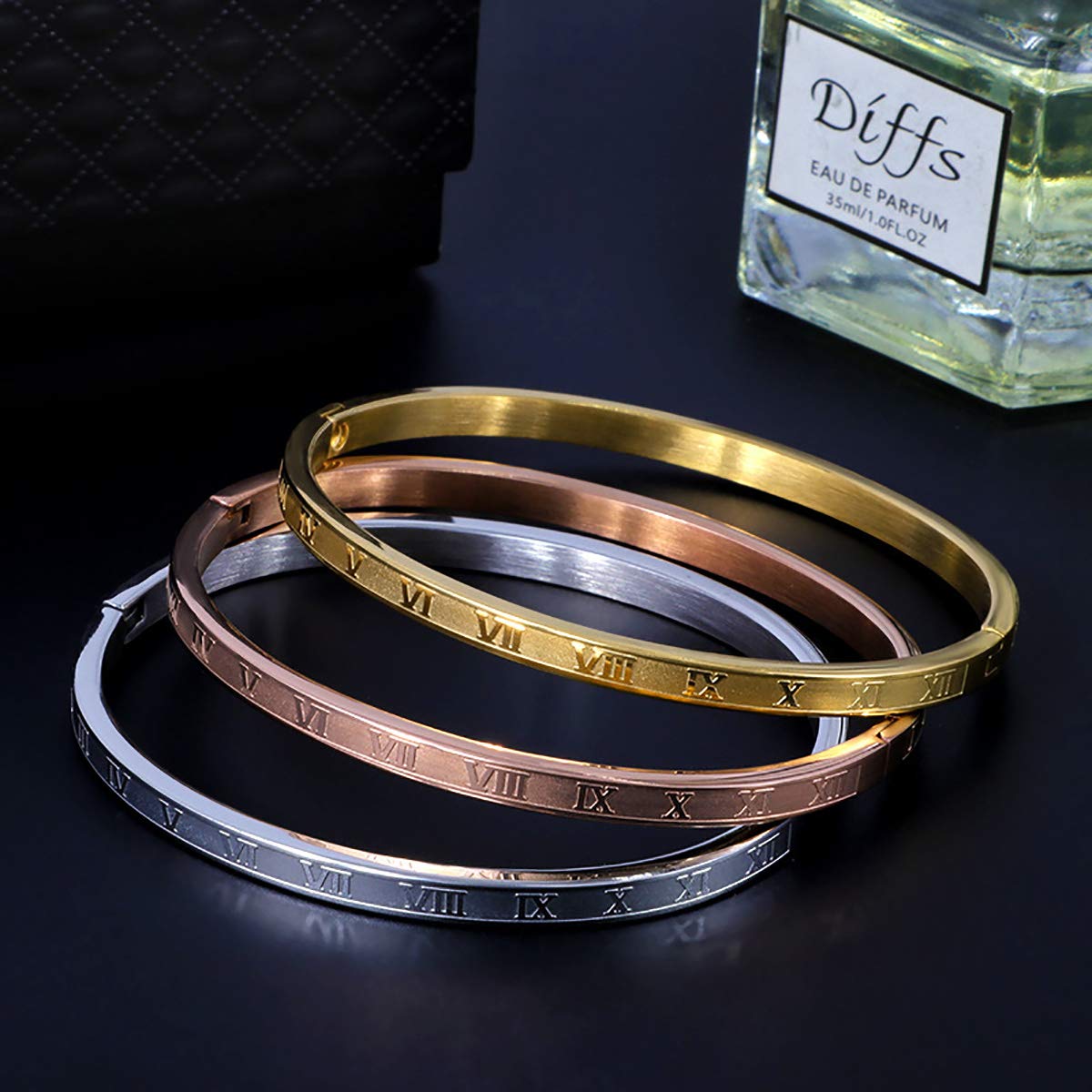 Jarlinwel Gold Silver Plated Bracelets for Men Women Roman Numeral Bangle Bracelet Stainless Steel Personalized Engraved Unisex Gift (4mm Womens 3 Color Set)