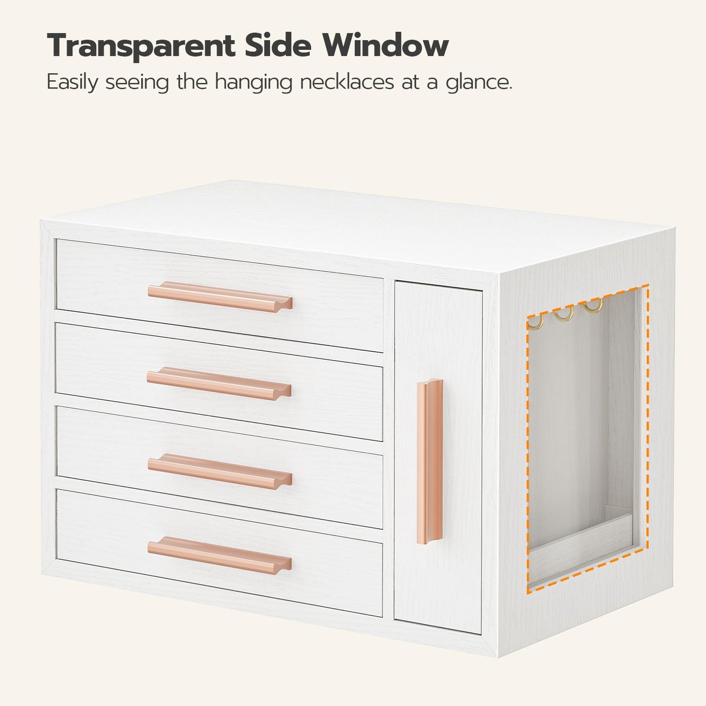 HOOBRO Jewelry Box for Women, Wooden Jewelry Organizer with Transparent Window, 4-Layer Jewelry Organizer Box, Jewelry Holder Organizer for Earrings, Necklaces, Rings, White and Gold WD09JB04