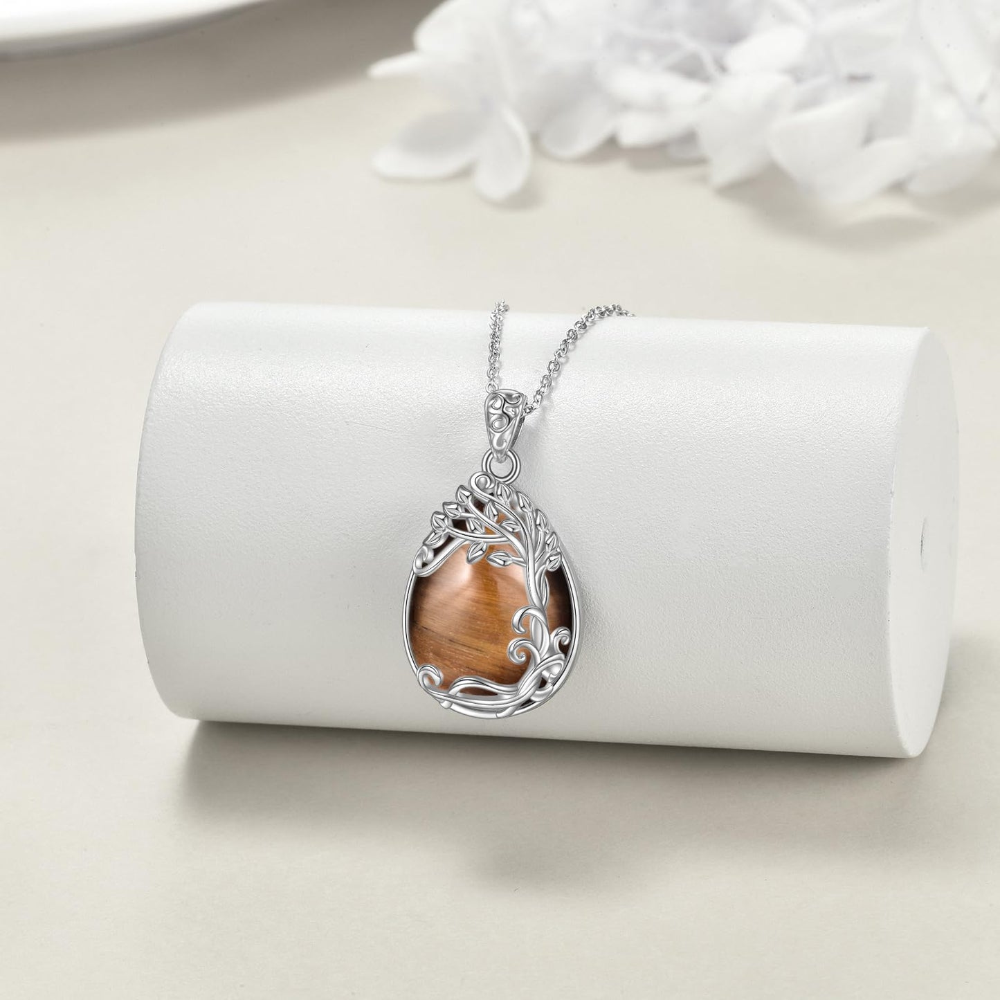 YAFEINI 925 Sterling Silver Tiger Eye Stone Necklace Tree of Life Teardrop Pendant Necklace Jewelry for Women (XX-Tiger Eye Stone Tree of Life Necklace)