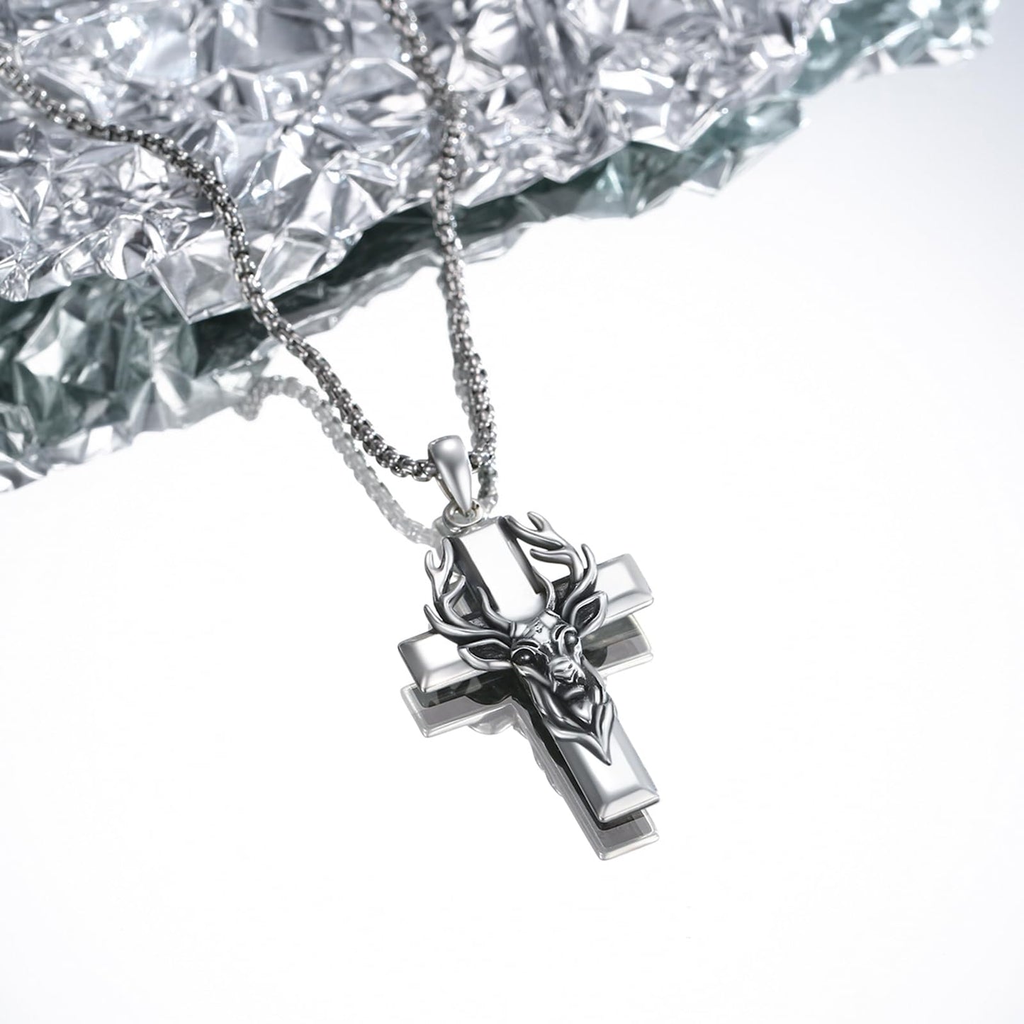 YEESIA Cross Necklace for Men Women, 925 Sterling Silver, Deer Cross Pendant Necklace, Christian Jewelry, Gift for Men Women