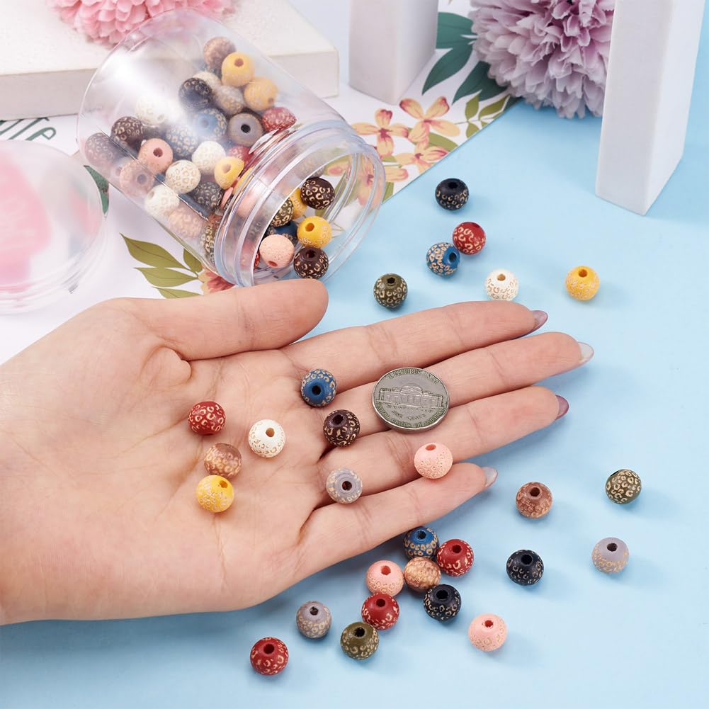 KISSITTY 100pcs/box Painted Wooden Beads for Crafts Natural Wood Beads Leopard Print Beads 10 Colors for DIY Bracelet Necklace Earrings Jewelry Making About 10mm in Diameter