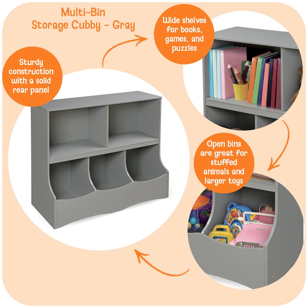 Badger Basket Multi-Bin Storage Cubby for Kids - Toy Organizer with 3 Cubbies, 2 Open Shelves, Display Top for Playroom or Bedroom - Storage Unit for Toys, Books & More - Gray