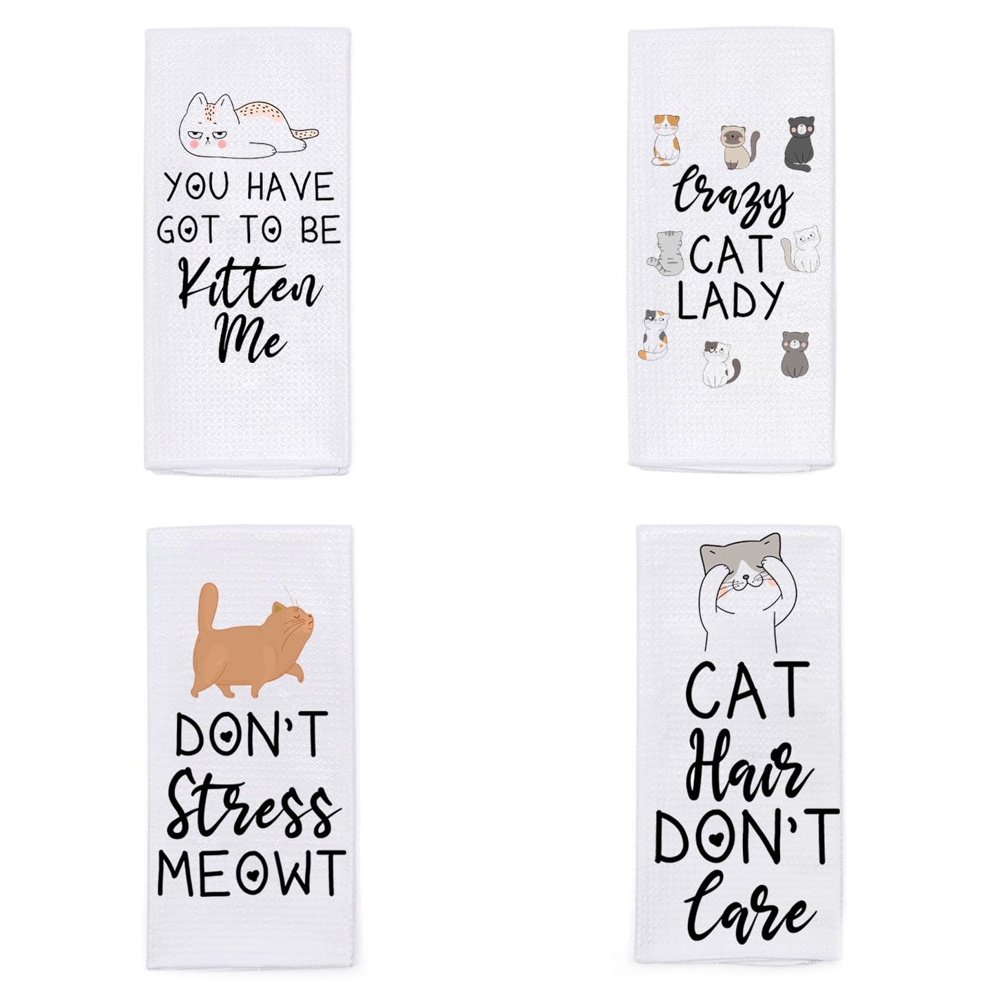 Vinjoy Funny Cat Puns Kitchen Dish Towels Set of 4 – Microfiber Waffle Tea Towels – Housewarming Gifts, Cat Lady Kitchen Gifts, Decorative and Functional Funny Towels for Home, Wedding, Secret Santa