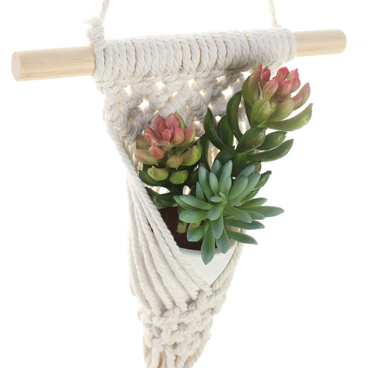 UBOSU Macrame Wall Hanging with Artificial Succulent Plants, White Cotton Rope, Wooden Dowel, Boho Wall Decor (Succulent 1pcs)