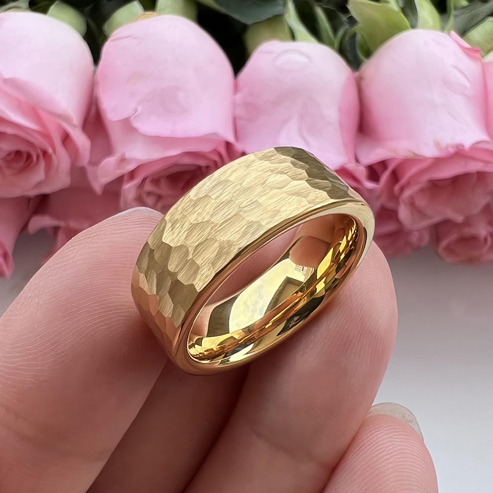 TUTISS 8mm Gold Hammered Tungsten Carbide Rings for Men Women Fashion Engagement Wedding Bands Matte Finish I Love You Engraved Comfort Fit Size 10