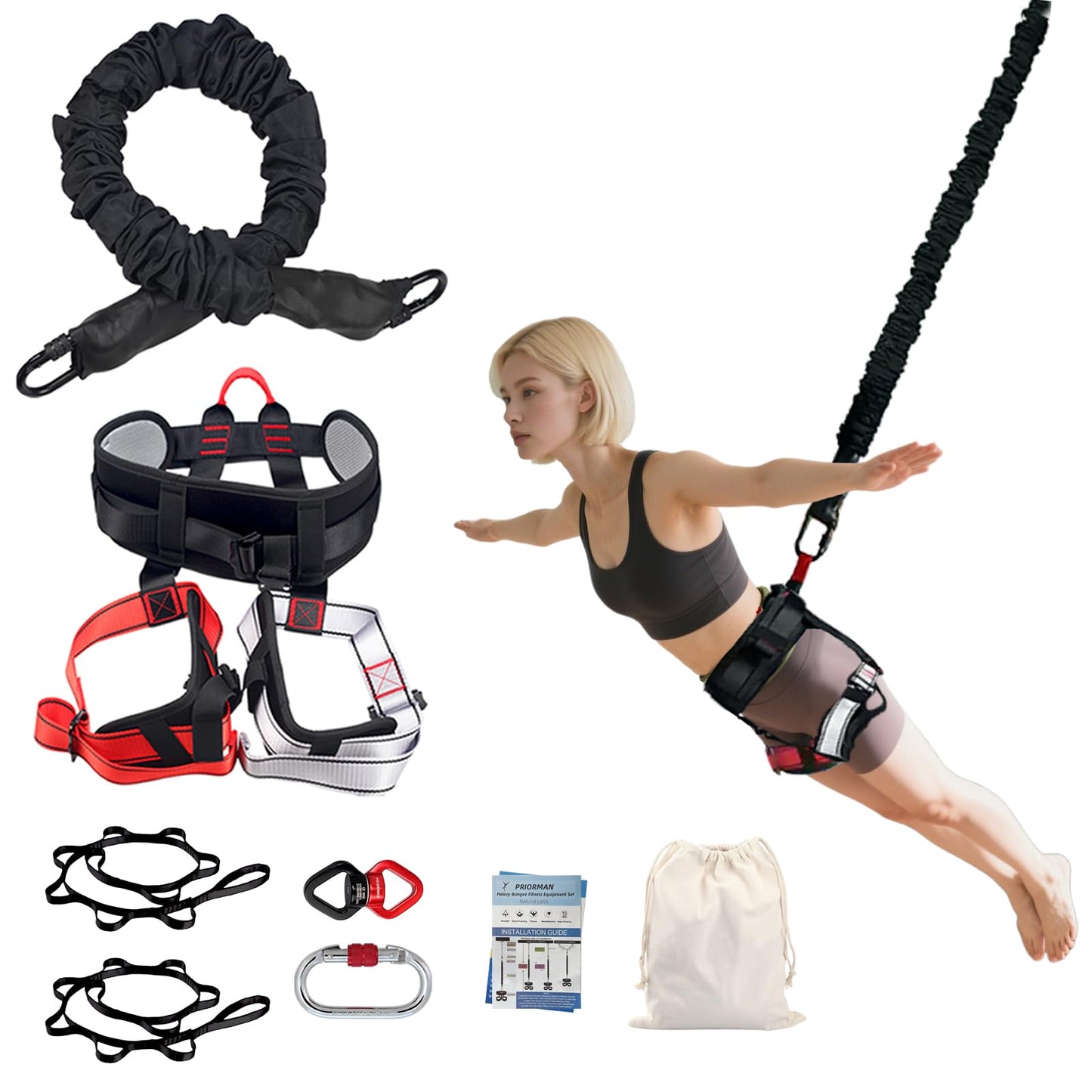 PRIORMAN Professional Bungee Dance Fitness Kit, 6 Sizes, CE Certified Complete Harness Set with Resistance Band & Hanging Hardware for Suspension Training Home & Studio(XL)
