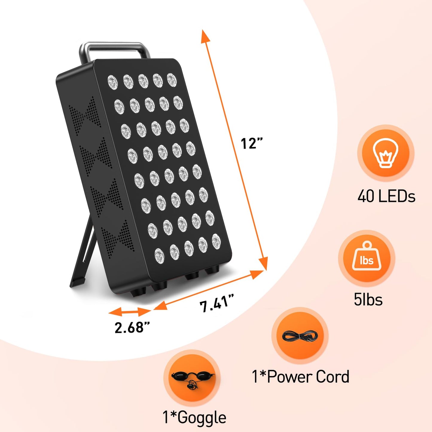Red Light Therapy Panel 5 Wavelength 40 Dual Chip High-Efficiency LEDs 630+660+810+830+850nm Red and Near Infrared Lamp Therapy Device 60W Timer & Stand for Body Pain Relief Face Skin Health