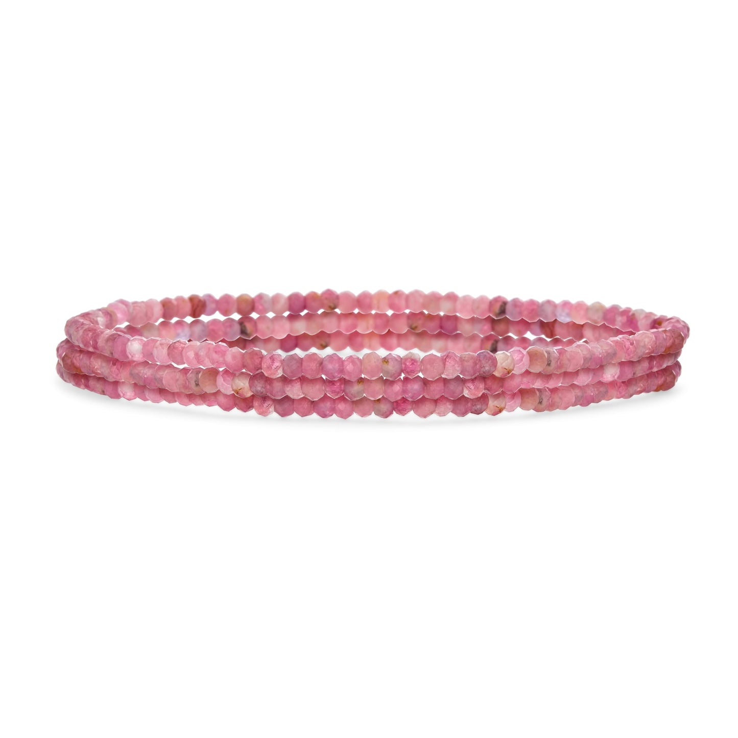 Mini Dainty Tiny Petite Seed Caviar Bead Stacking Round Faceted Genuine Natural Gemstone Pink Tourmaline Ball Stackable Strand Stretch Bracelet For Women Teen Stackable Set of 3 Strands Adjustable