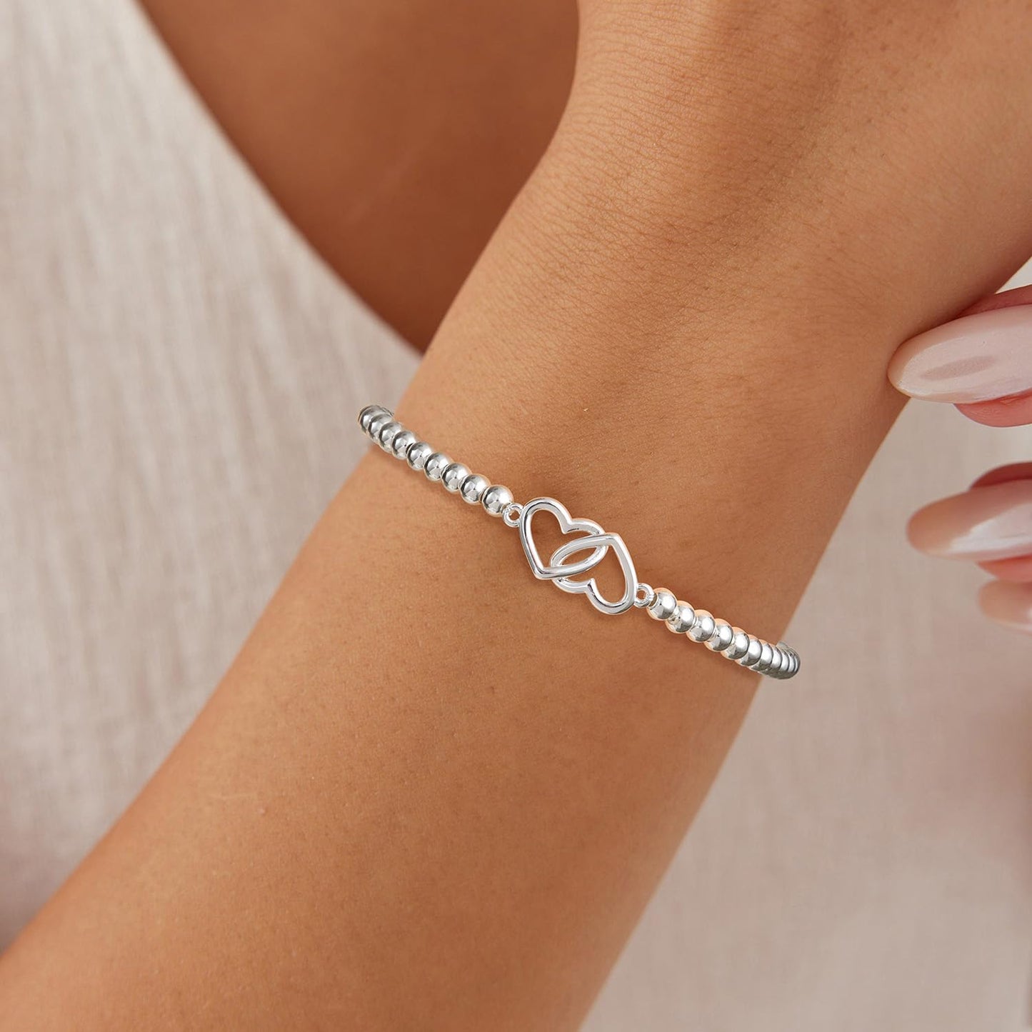 Beaded Bracelets for Women 14K Silver Gold Plated Stretch Handmade Ball Bracelets Cute Charm Bracelet Dainty Stackable Cross Heart Bow Wave CZ Circle Trendy Jewelry Easter Gifts (double-heart-silver)