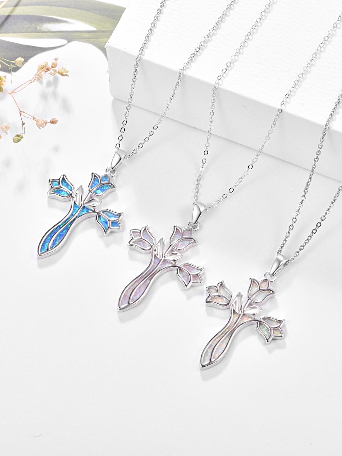 Dreamboat Opal Cross Necklace for Women Sterling Silver Cross Pendant Christian Necklace Tulip Rose Blue Opal Faith Confirmation Gifts Religious Jewelry for Mom