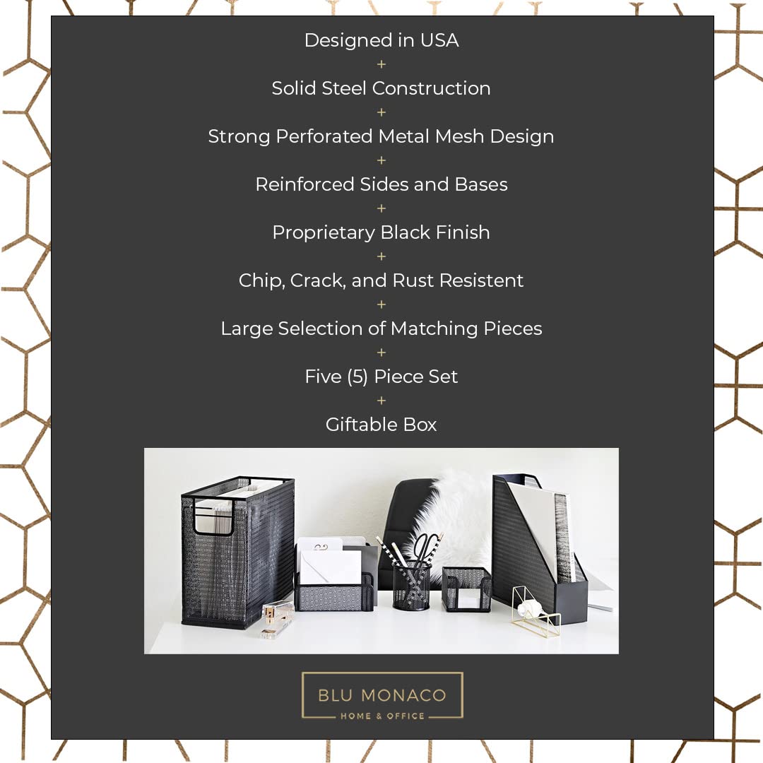 BLU MONACO Black Desk Organizer Set | 5-Piece Metal Office Supplies Collection with Hanging File Organizer, Magazine Holder, Pen Cup, Sticky Note Holder & Letter Sorter | Workspace Organization