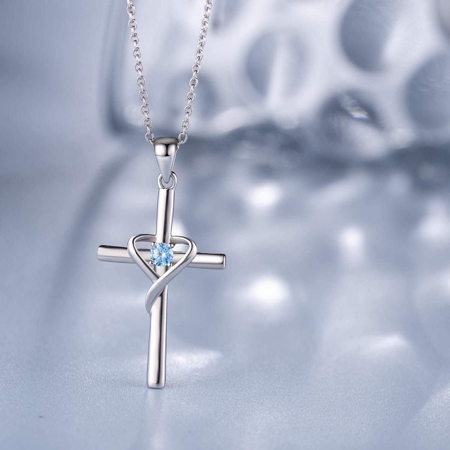 AmorAime 925 Sterling Silver Cross Necklace for Women Men 14K Gold Plated 5A CZ Birthstone Necklaces for Holiday (L.Blue-December-Blue Topaz)