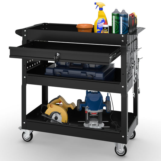 3 Tier Rolling Tool Cart on Wheels with Locking Drawer - Metal Service Cart Industrial Utility Cart for Mechanic - 350 LBS Mobile Storage Organizer for Garage, (Black)