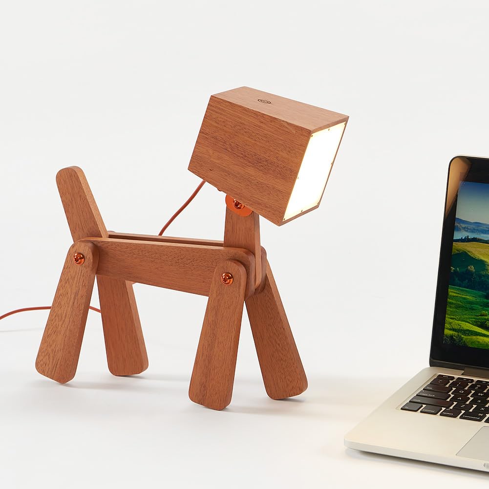 HROOME Novelty Cool Dog Lamp for Kids Room Bedroom Bedside - 3 Levels Dimmable Touch Control Wood Table Lamp Warm White Desk Light Gifts for Living Space Office Farmhouse Dorm (Mini-Sapele Color)