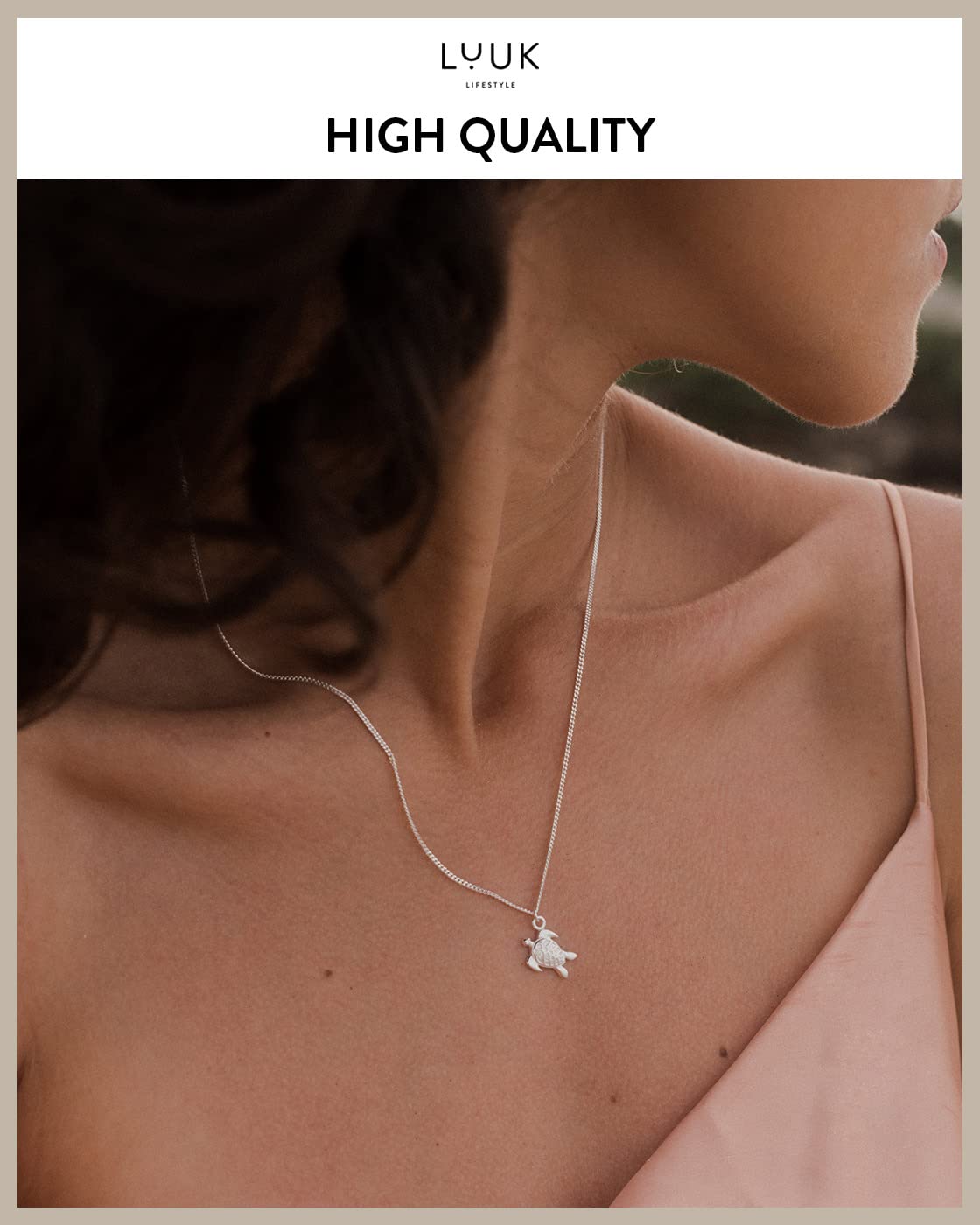 LUUK LIFESTYLE Necklace in 925 sterling silver with turtle pendant, HAPPINESS gift card, travel lucky charm, 19” adjustable length, women's festival jewelry, fashion accessory, marine motif, silver