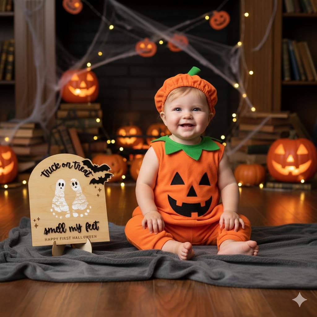 Baby’s First Halloween DIY Footprint Kit – Trick or Treat Wooden Milestone Card Keepsake Sign – Baby halloween Nursery Tabletop Décor, Newborn, halloween Kids stuff
