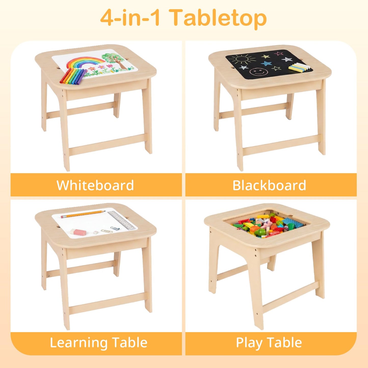 INFANS Kids Table and Chair Set, 3 in 1 Wooden Activity Table with Removable Tabletop, Blackboard and Whiteboard for Toddlers Arts Crafts Drawing Reading Playing, Playroom Nursery (Natural)