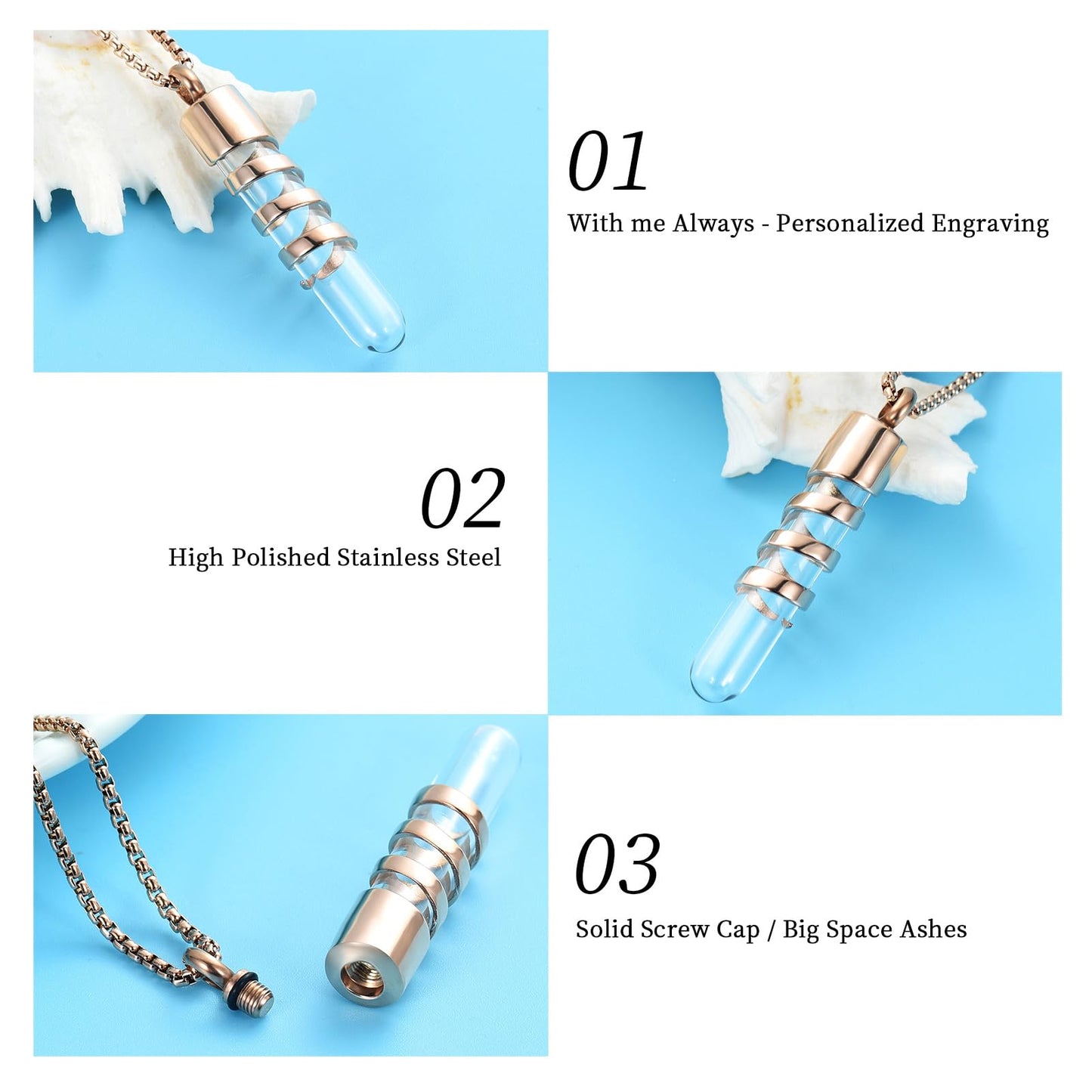 Oinsi Clear Glass Tube Cremation Urn Jewelry Ashes Holder Necklace Keepsake Memorial Pendant Including Box/Fill Kits (Rose Gold (Angel wing))