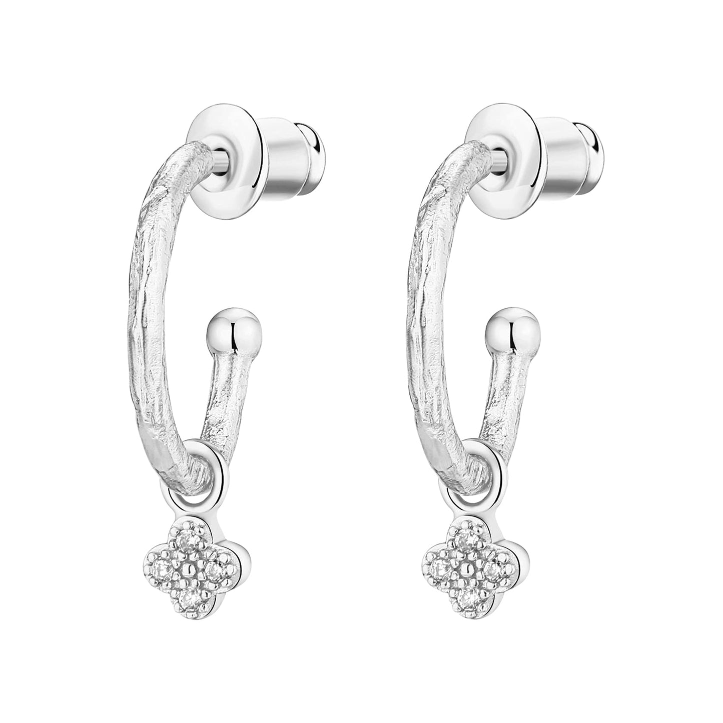PAVOI Rhodium Plated 925 Sterling Silver Post Dangle Huggie Hoop Earrings For Women - Trendy Clover Drop Open Hoop Earrings - Cubic Zirconia Small Hinged Hammered Huggies