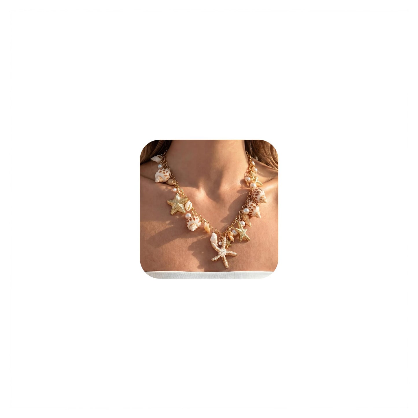 Shell Starfish Necklace for Women, Gold Plated Boho Layered Pendant Necklace with Pearl Conch Charm, Dainty Coastal Summer Beach Vacation Jewelry Gifts(Conch Starfish)