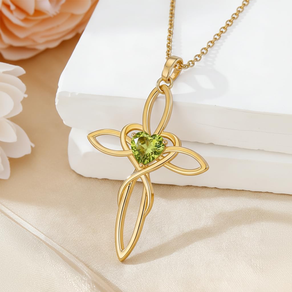 POIUY 14K Gold Celtic Knot Cross Birthstone Necklace for Women Irish Infinity Heart Pendant Cross Jewelry Anniversary Valentines Birthday Mothers Day Gifts for Mom Wife Her
