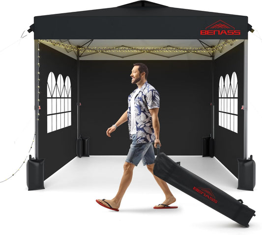 10x10 Pop Up Canopy with Sidewalls, Easy Up Canopy Tent, Heavy Duty Tents for Parties, One Person Set Up Event Tent, Black