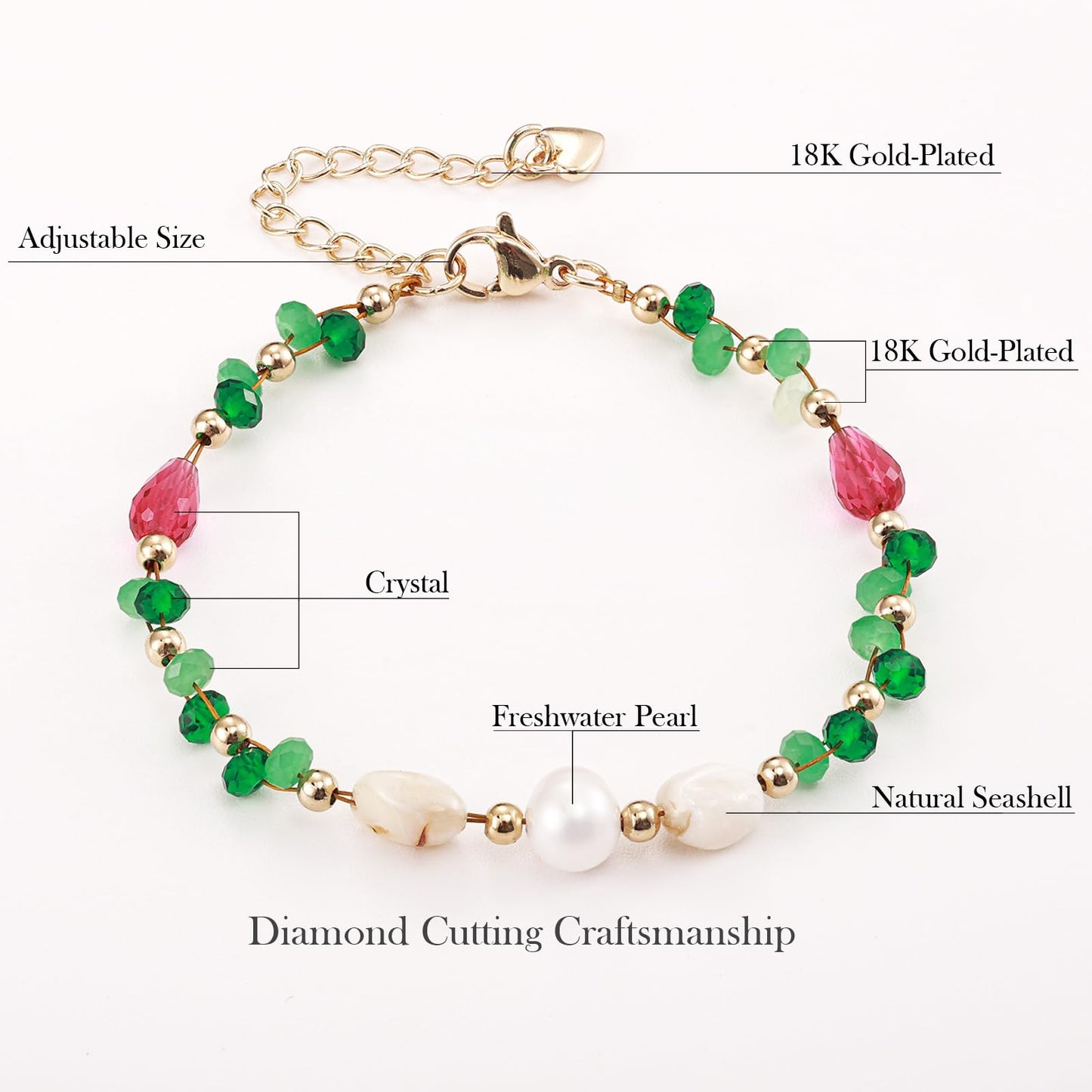 Gmissbabicoo Healing Crystal Bracelet for Women Natural Pearl Shell Adjustable Handmade Beaded Bracelets with Green Gemstone Spiritual Jewelry for Girl Anklet