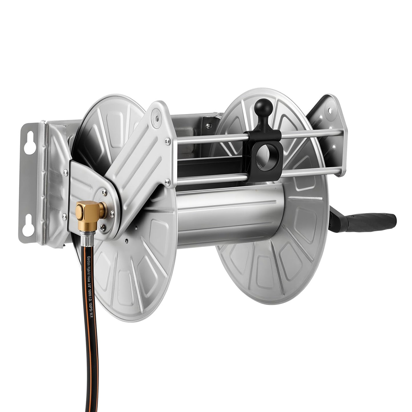 VEVOR Stainless Steel Wall Mounted Garden Hose Reel Heavy Duty, Holds 150 ft 5/8-inch Water Hose Winder, Outdoor Manual Reel with Brass Fitting & 5ft Leader Hose, Space Saving, for Yard Lawn Garage
