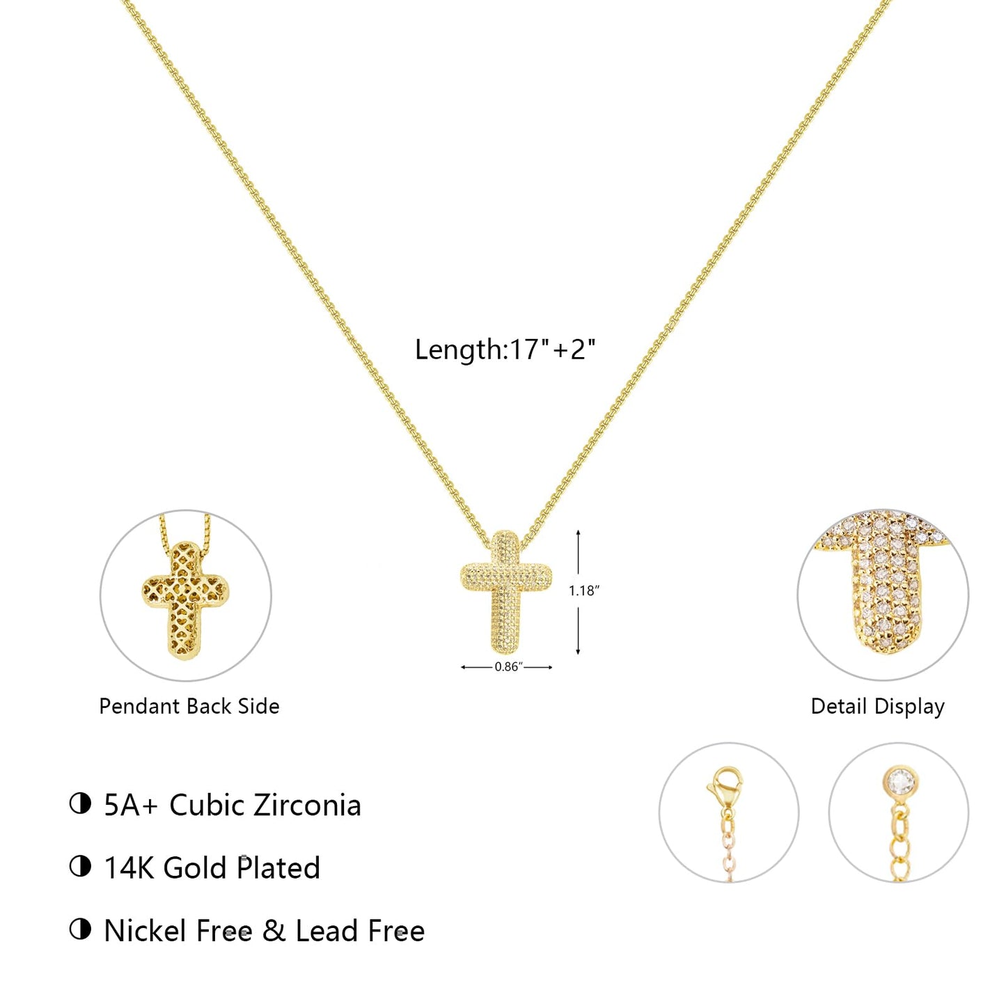 OGD Cross Necklace for Women Gold Plated 14K Dainty Cross Chain Pendant Trendy CZ Diamond Crucifix Charm Bubble Necklace Non Tarnish Hypoallergenic Faith Choker Religious Gifts for Women
