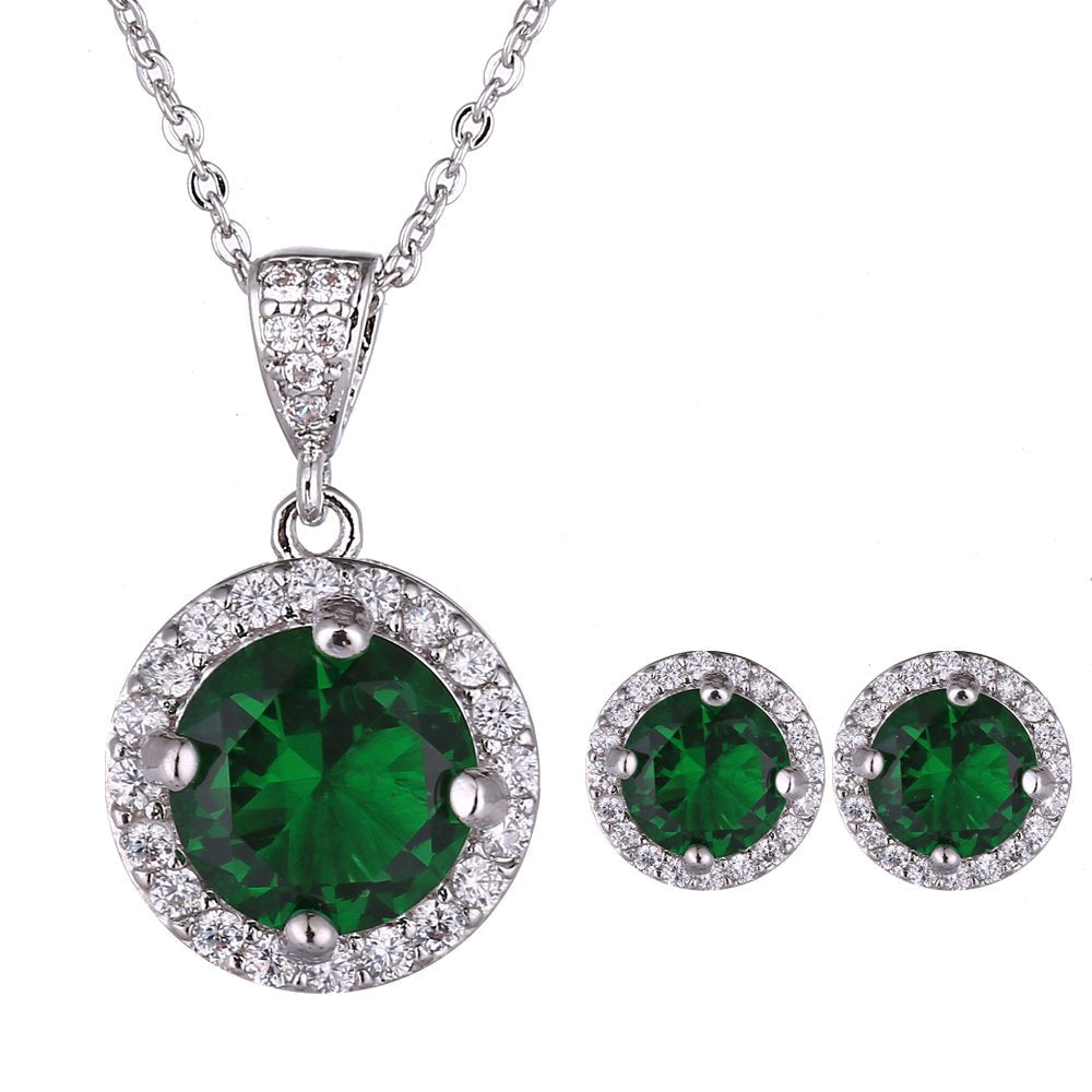 AMYJANE Emerald Necklace and Earrings Set - 14k White Gold Plated Green Round Cubic Zirconia Crystal Pendant and Halo Stud Earrings - May Birthstone Fashion Jewelry for Women