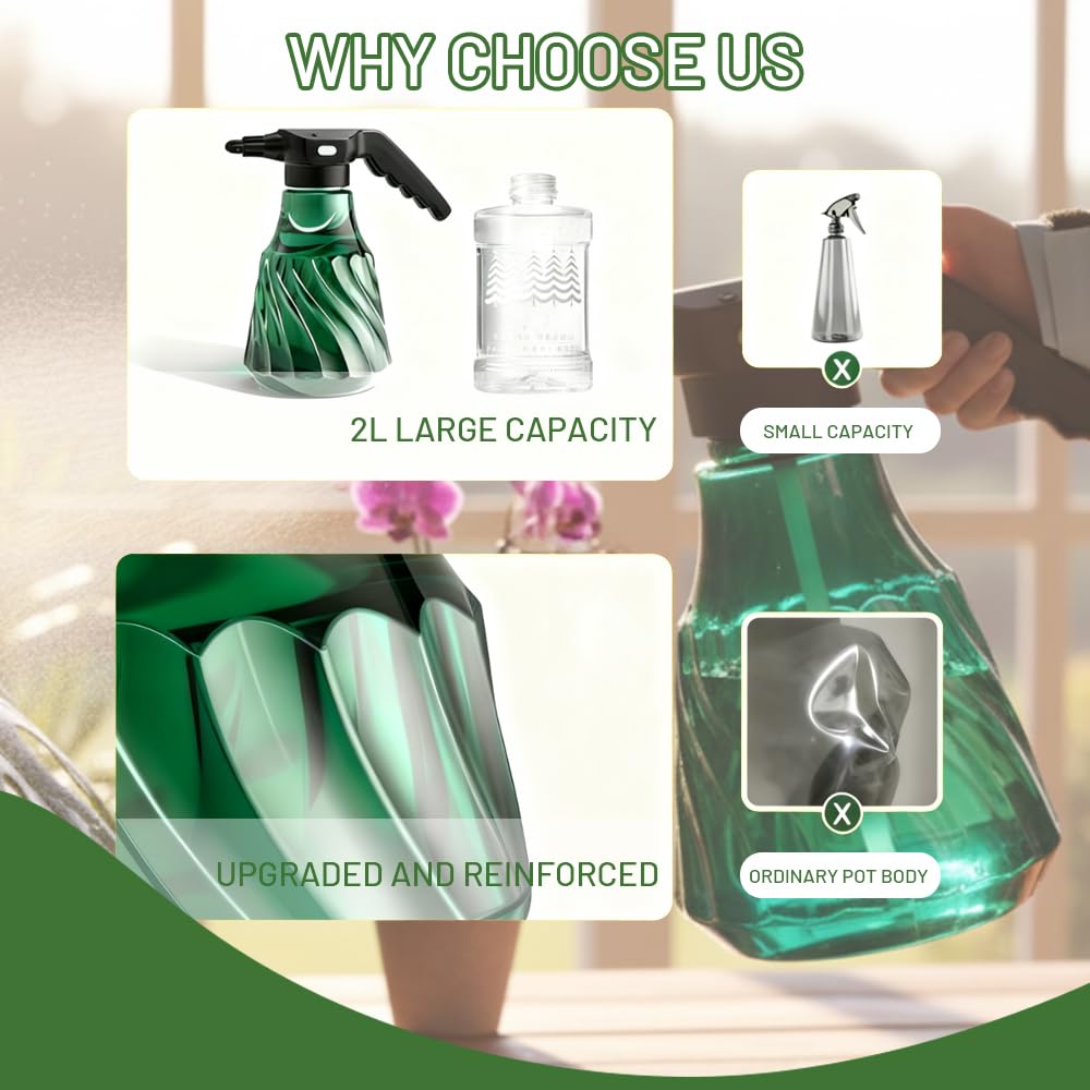 Large Capacity Electric Plant Mister, Rechargeable Sprayer for Indoor & Garden, Battery Powered with Adjustable Nozzle, Fine Mist & Continuous Spray