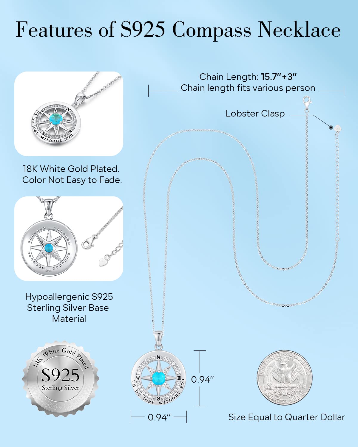S925 Sterling Silver Necklace for Wife, Women Anniversary Year Gifts Compass Jewelry, Birthday Gift Ideas for Her Girlfriend Woman Necklaces, 18K White Gold December