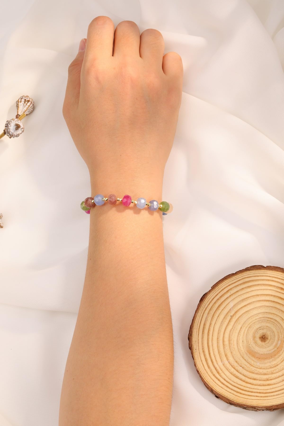 Jovivi Rainbow Tourmaline Gemstone Beaded Bracelets for Women 14K Gold Plated Copper Faceted Abacus Beads Natural Healing Crystals Stone Stretch Bracelet Handmade Jewelry