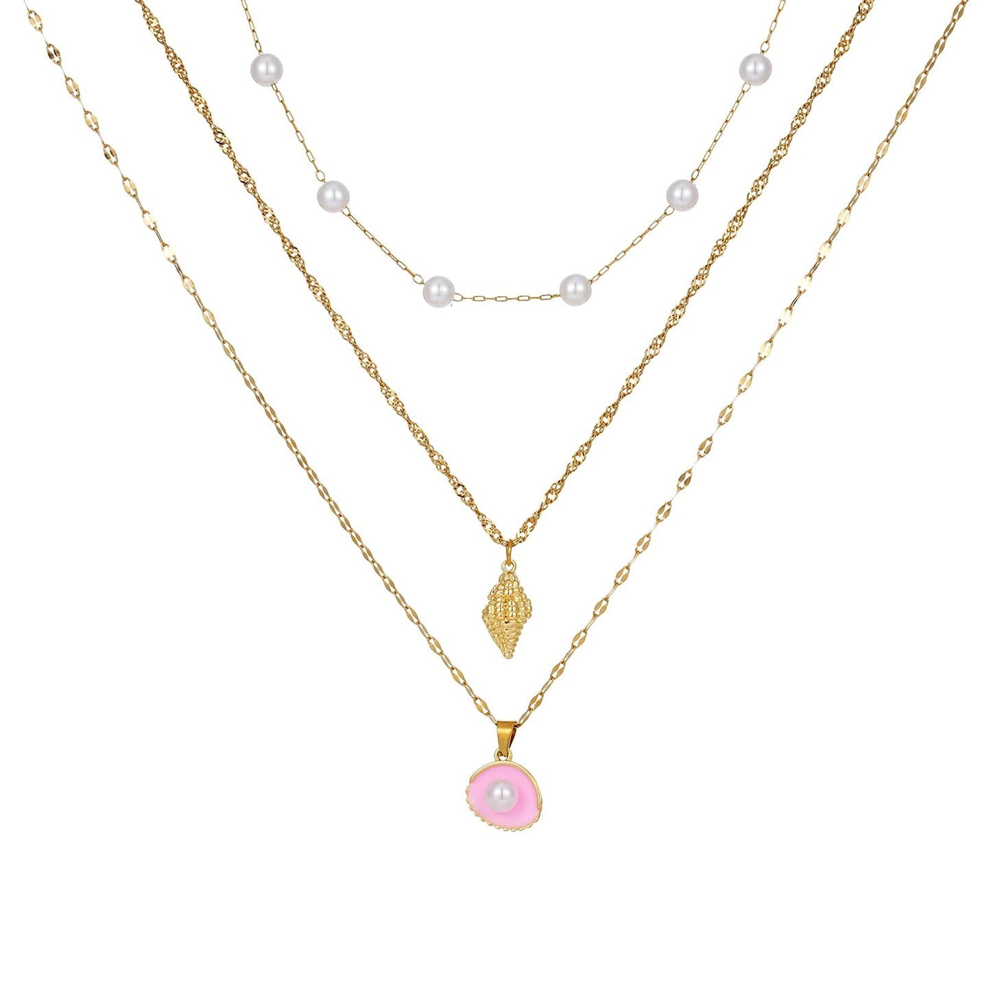 Trendy Stainless Steel Gold Plated Charm Necklace with Heart Pearl Pepper Conch Ceramic Pendant Necklace for Women Collares Chokers Jewelry (Pearl)