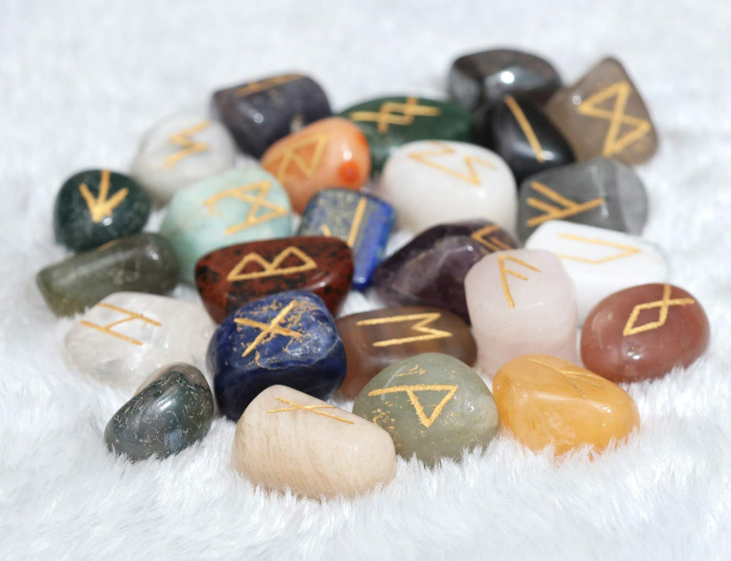 Crocon Mix Chakra Rune Tumble Shape Gemstone Rune with Elder Futhark Alphabet Engraved | 25 pcs Runes Set | Crystal Divination Healing Chakra Reiki | with a Pouch| Size : 25-30 mm